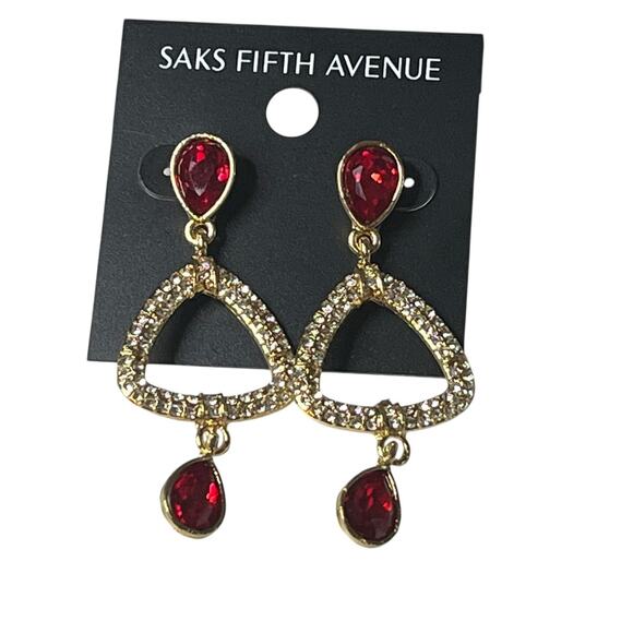 Saks Fifth Ave Gold and Red Dangle Crystal Pierced Earring - Picture 1 of 3